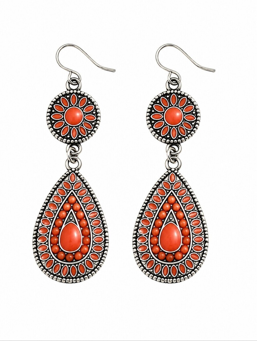 3/$30 Mi AMORE Orange Enamel Aztec Teardrop Dangle Hook Earrings